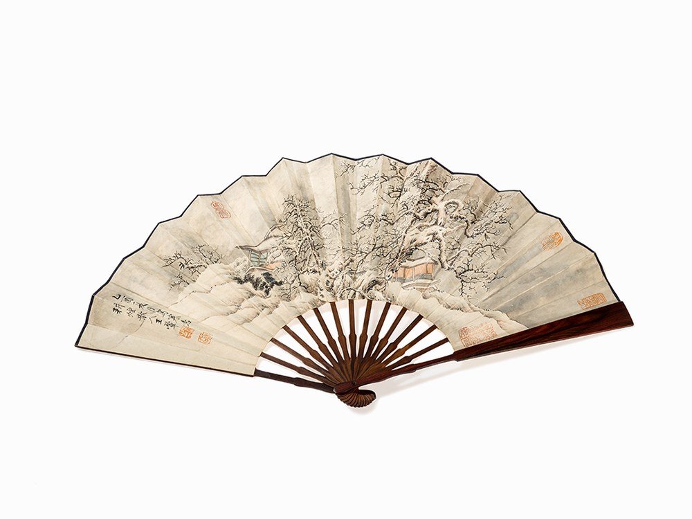 After Wang Hui (1632-1717), Fan, China, 19th/20th C.: Ink and color on paper, highlighted with gold Mounted on a conventional wooden body China, 19th/20th century Wang Hui (1632-1717) - master of Chinese painting The front side depicts a peaceful snowy l