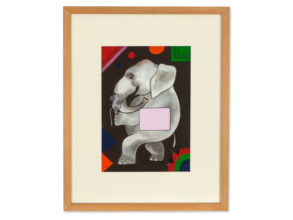 Jan Lenica, Mixed Media ‘Mouse and Elephant’ and book,: Egg tempera and watercolour on paper Poland, around 1990 Jan Lenica (1928-2001) – Polish graphic artist and postage stamp artist Signed lower right ‘Lenica’ Paintings by Jan Lenica take up to 20