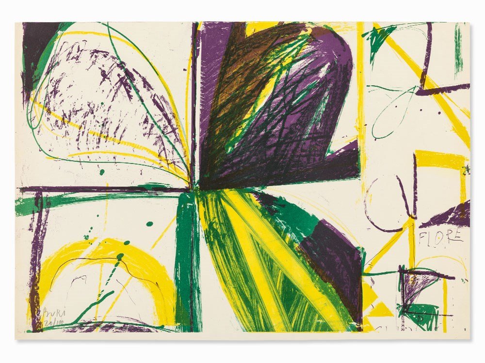 Samuel Buri, Lithograph in Colors, Flore, around 1970: Lithograph in colors on light cardboard Switzerland, around 1970 Samuel Buri (b. 1935) – Swiss painter Lower left signed and numbered in pencil ‘Buri 20/100’ Sheet size: 43 x 61.5 cm Good condit