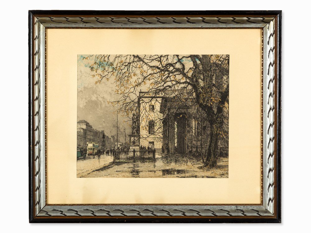 Luigi Kasimir, Color Etching, Unter den Linden, Berlin,: Etching in colors on paper Berlin, around 1930 Luigi Kasimir (1881-1962) – Austrian-Hungarian copper engraver and landscape painter Signed in pencil on the lower right ‘Luigi Kasimir’; inscribed
