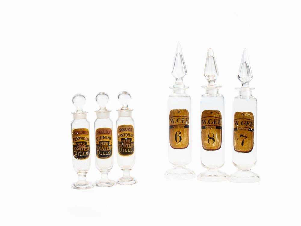 Six Slim Apothecary Bottles of Glass, Great Britain, (1 of 10)