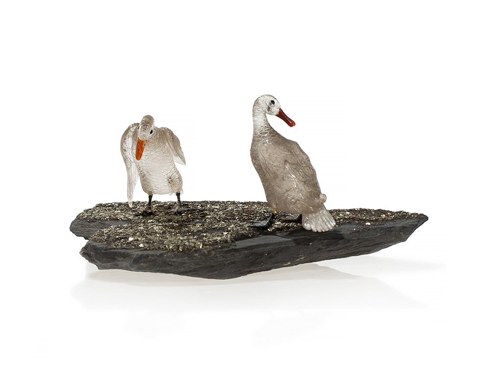 Gemstone Figures, 2 Rock Crystal Geese on Citrine Base, (1 of 10)