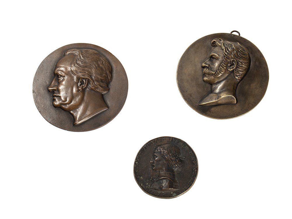 Three Bronze Reliefs with Portraits, Europe, 19th/20th: Bronze Italy, France or Germany, 19th/20th century Large relief with foundry mark “Ilsenburg Harz” and “2172” One relief signed and dated “Sauve, fecit 1837” Small relief inscribed on the 