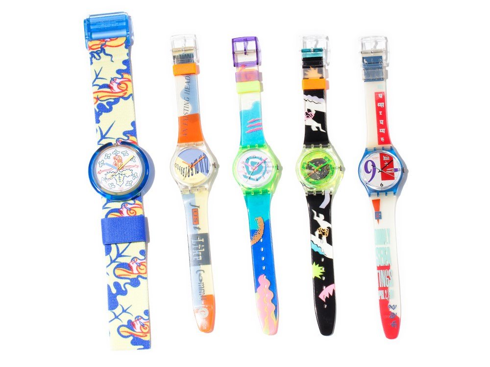 ‚Pop’ model in an exciting quintet of Swatch watches,: Lady Octopus PWK 150 / 1991 Bikini GJ 105 / 1991 Bermudas GK 133 / 1991 Typesetter GK 131 / 1991 Bold Face GN 112 / 1991 Condition: new, never worn; the last two models are still in original packaging