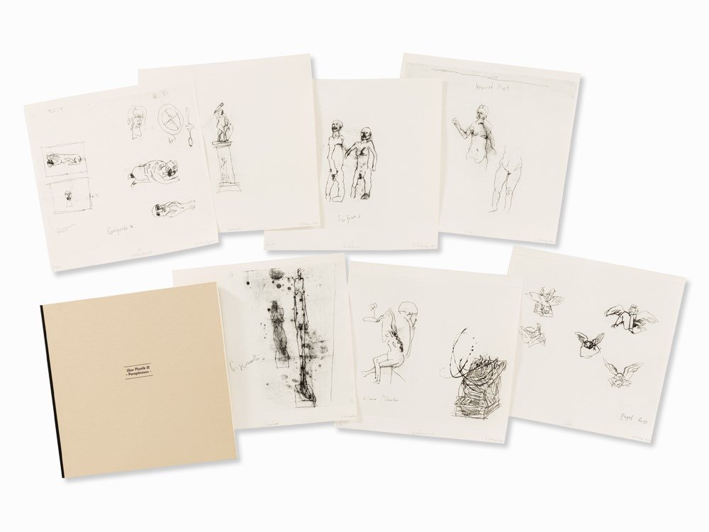 Dietrich Klinge, über Plastik III, 7 Etchings, 1991: Portfolio comprising 7 etchings with vernis mou on wove paper Germany, 1991 Dietrich Klinge (born 1954) – German sculptor and graphic artist 7 plates each signed and dated ‘D. Klinge 1991’, titl