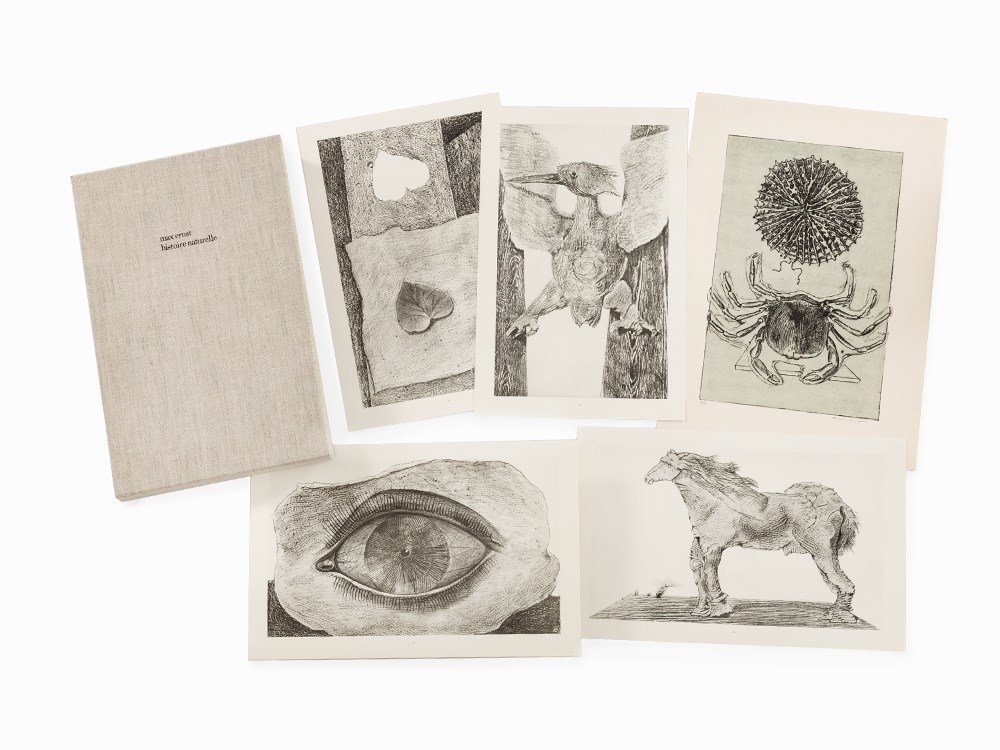 Max Ernst (1891-1976), Histoire Naturelle, Portfolio,: Portfolio comprising 1 lithograph in colors, painted over in red, on wove paper ‘Arches’ (watermark), 34 reproductions and two folded double sheets with title, text and imprint France/Germany, 197