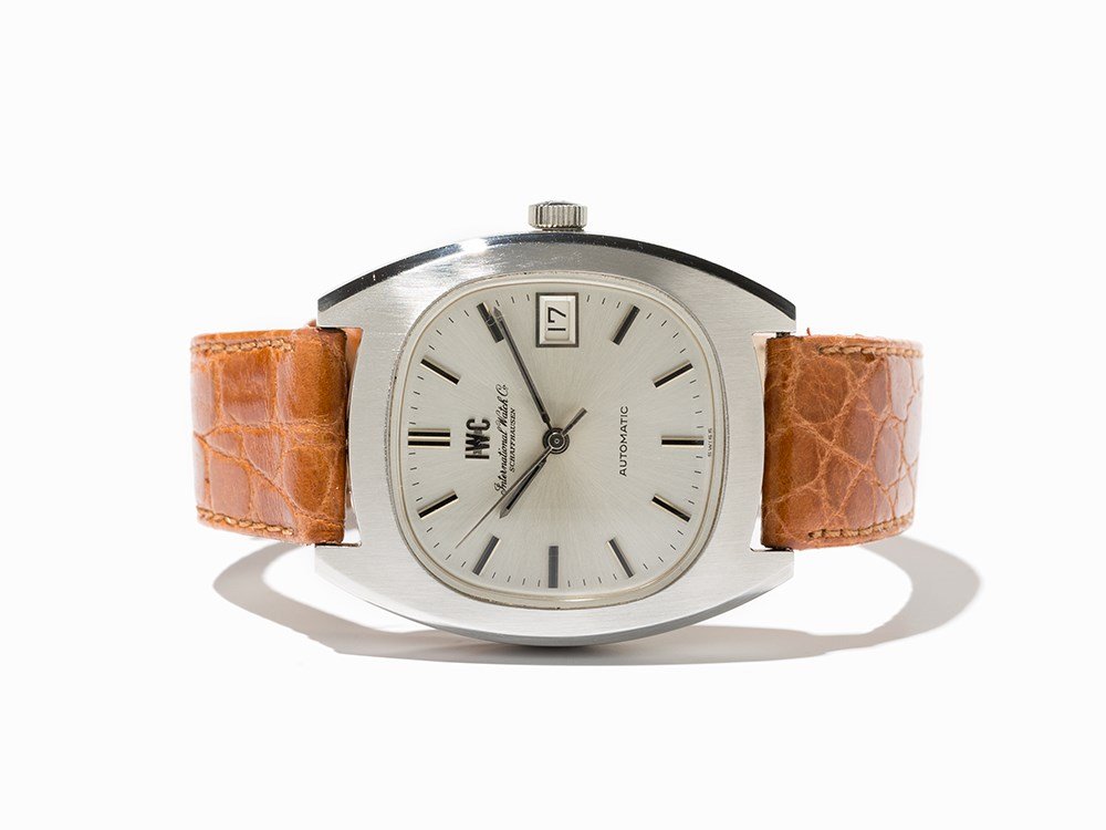 IWC Automatic Wristwatch, Ref. 1872, Switzerland, C.: IWC automatic wristwatch, ref. 1872 Switzerland, c. 1971 Automatic movement, calibre 8541B; hour, minute, second, date Silver dial, silver hands Watch case of stainless steel Brown calfskin leather st