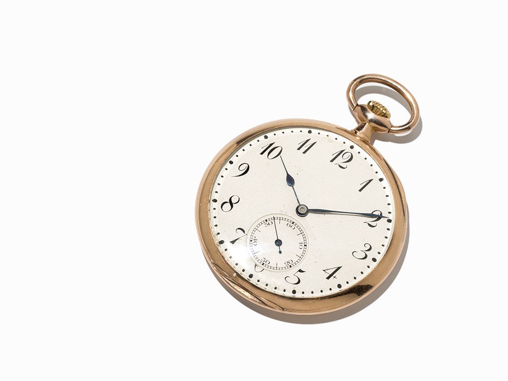 Longines Gold Open Face Pocket Watch, Switzerland, C.: Longines gold open face pocket watch Switzerland, c. 1902 Crown wound, hour, minute, subsidiary second Silver dial, blued Spade hands Watch case of 14K rose gold Watch case no. 1833742; movement no. 1