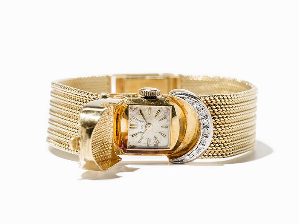 Piaget Gold and Diamond Ladies Watch, Switzerland, C.: Piaget gold and diamond ladies watch Switzerland, c. 1950 Manual wind movement, calibre AS 976, hour, minute Silver dial, gold hands Watch case, strap and folding clasp of 18K gold Watch case set with