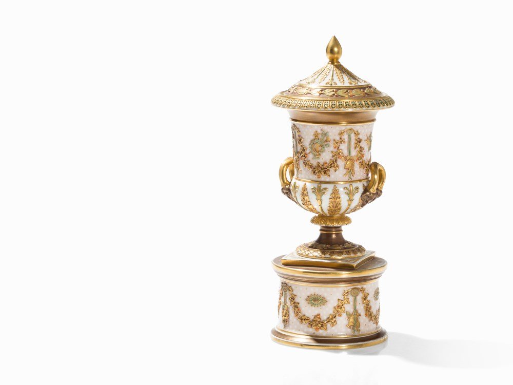 Wedgwood, Lidded Miniature Vase, England, 1890s: Creamware, glazed in cream and rosé color, polychrome details and gold highlights England, 1890’s Blind stamp ‘Wedgwood England’ Circular, profiled base, above that a rectangular plinth Vase in