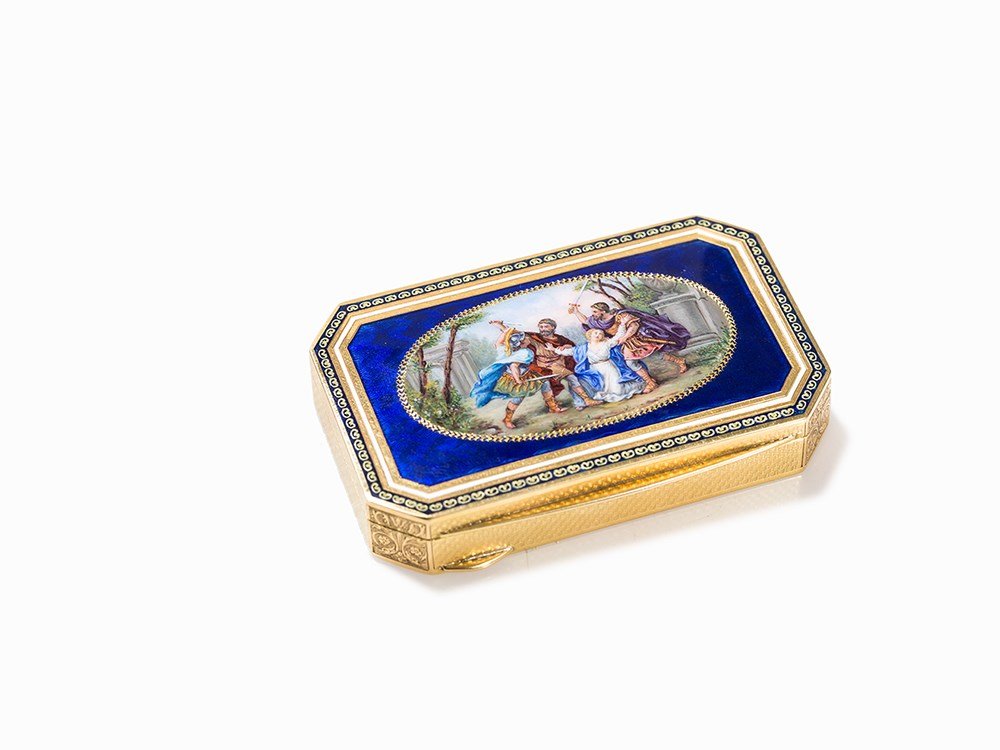 Snuff Box with fine Enamel Painting, 18K Gold, Milan: 18 carat yellow gold, cast, wrought, fine guilloches and mounted, enamel painting Milan, Italy, 1930s Lid hallmarked inside with standard, unidentified mark’s mark ‘LDB’; apron with city mark an