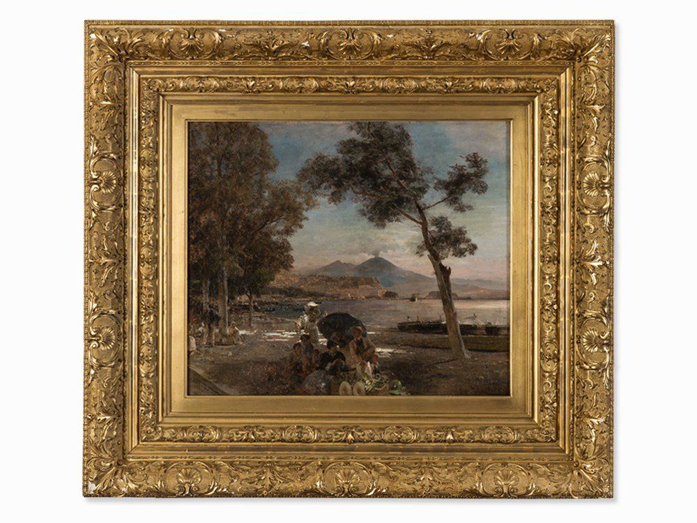 Oswald Achenbach, Evening At The Bay Of Naples, Oil,: Oil on canvas Probably Germany, 1888 Oswald Achenbach (1827-1905) – German painter and follower of the Düsseldorf School Signed and dated lower right ‘Osw. Achenbach 88’ Dimensions: 52.5 x 60.5
