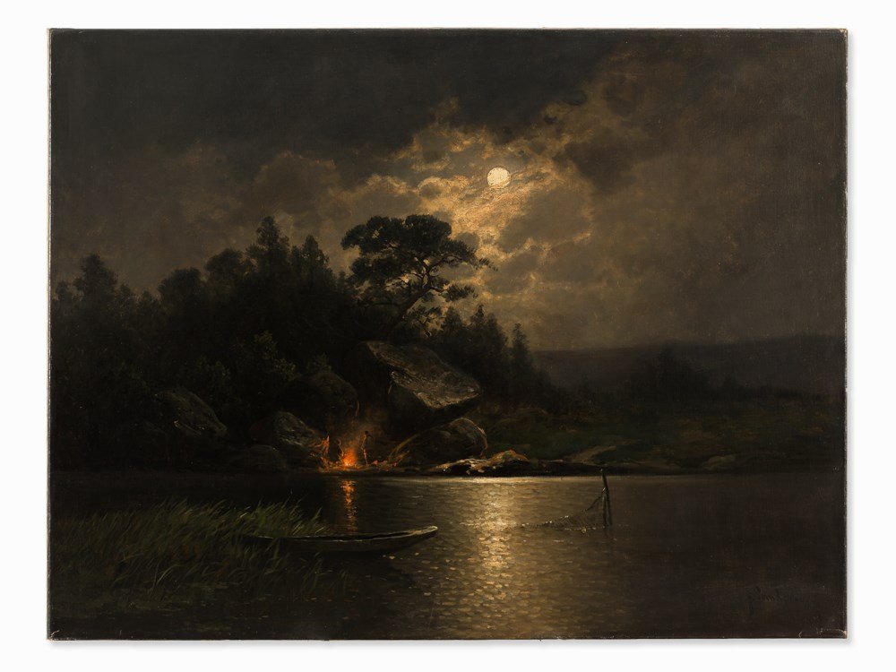 Johann Jungblut (1860-1912), Campfire by Moonshine, c.: Oil on canvas, relined Germany, c. 1890 Johann Jungblut (1860-1912) – German painter and craftsman Signed lower right ‘J. Sander’ (pseudonym) Dimensions: 73 x 100 cm Good condition Atmospheric l