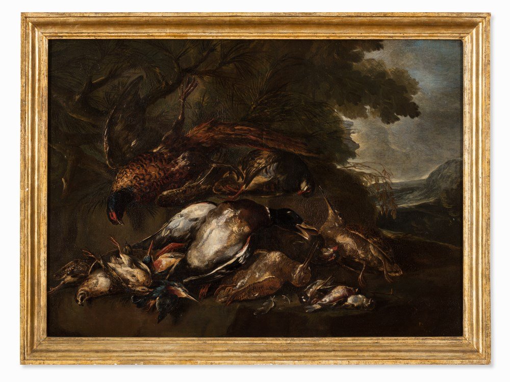 Angelo Maria (Crivellone) Crivelli, Hunting Still Life,: Oil on canvas, relined Italy, around 1700 Angelo Maria (Crivellone) Crivelli (died about 1730) - Italian animal painter of the Baroque period Dimensions: 83 x 115 cm Gilt ornate frame: 94 x 125 cm Ver
