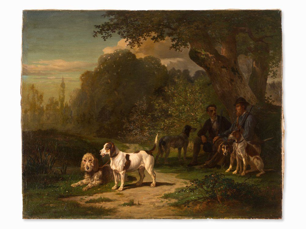 Leopold von Besenval, Resting Hunters with Dogs, Oil,: Oil on canvas Switzerland, 1868 Leopold von Besenval (1812-1889) - Swiss painter and officer Signed and dated lower left ‘L.v.Besenval 1868’ Verso on the stretcher remains of an old label Dimensio