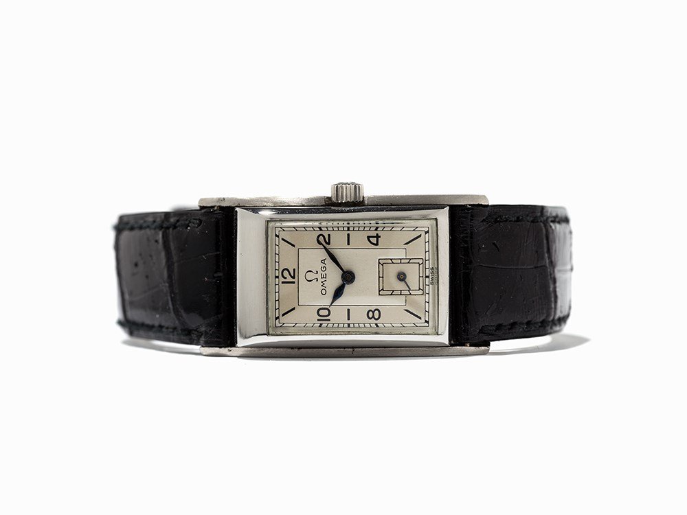 Omega, Early Wristwatch, Switzerland, C. 1935: Omega, early wristwatch Switzerland, c. 1935 Manual wind- rectangular movement, hour, minute, subsidiary second Silver dial, blued hands Watch case of stainless steel Black alligator leather strap wit