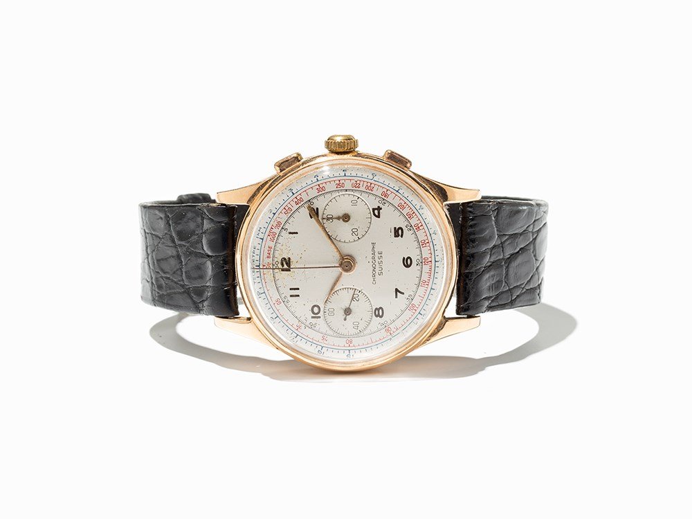 Chronographe Suisse Gold Chronograph, Switzerland, C.: Chronographe Suisse gold chronograph Switzerland, c. 1960 Manual wind movement, hour, minute, second, chronograph Silver telemeter dial, gold hands Watch case of 18K rose gold Black alligator leather