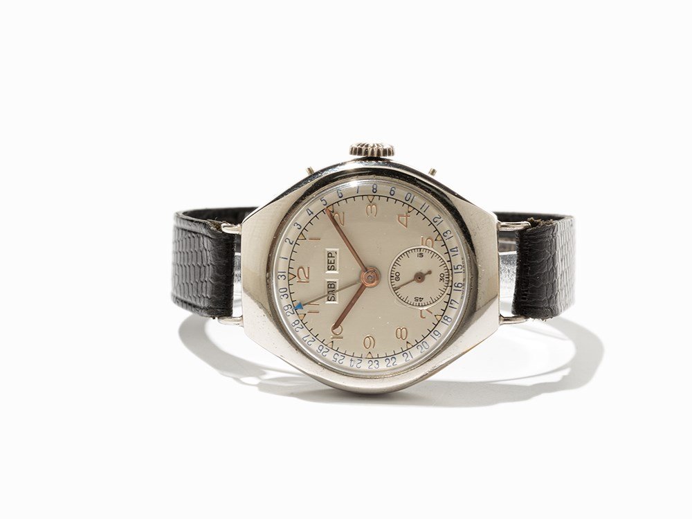 Hammer-Automatic Full Calendar Wristwatch, Around 1955: Hammer-automatic full calendar wristwatch Switzerland, around 1955 Hammer-automatic movement; 17 jewels, hour, minute, subsidiary second, full calendar Silver dial, brass hands Watch case of stainless