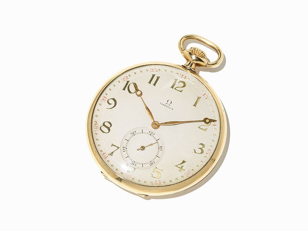 Omega Gold Open Face, Switzerland, C. 1927: Omega gold open face pocket watch Switzerland, c. 1927 Crown wound, hour, minute, subsidiary second Silver dial, gold Breguet hands Watch case of 14K gold; movement casing of metal Watch case no. 7669