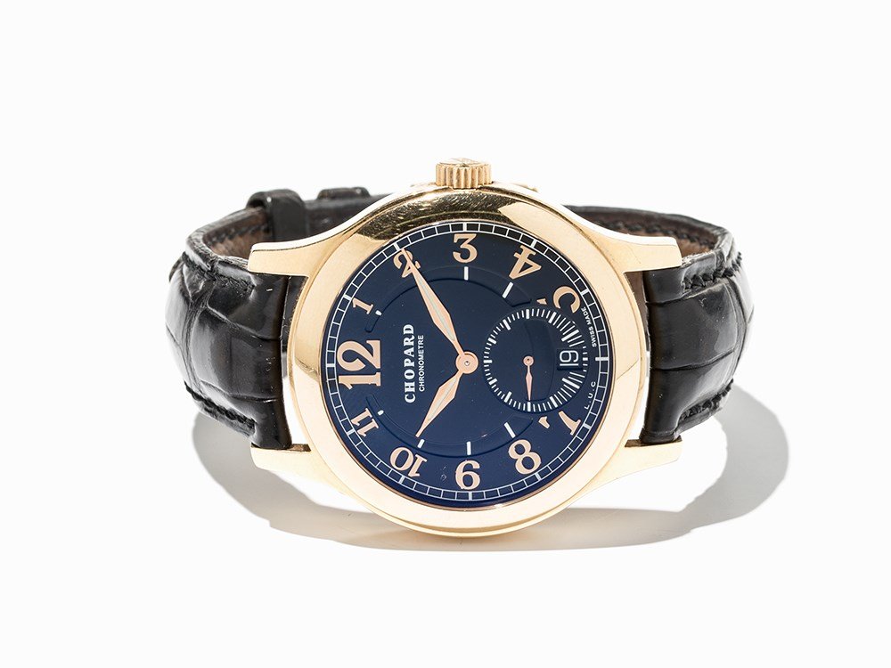 Chopard Chronometer Gold Wristwatch, Ref. 1875, C. 2010: Chopard chronometer gold wristwatch, ref. 1875 Switzerland, c. 2010; limited no. 3/1860 Automatic movement, 22K micro rotor, calibre 3.96, adj. 5; 32 jewels, hour, minute, subsidiary second, date Blac