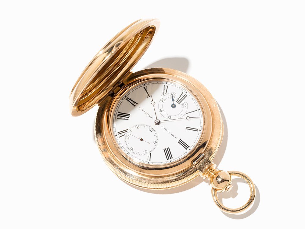 Louis Audemars Gold Hunter with one-minute Tourbillon,: Louis Audemars gold hunter No. 12 with one-minute Tourbillon, fuse movement, detent escapement with sliding-gear, power reserve, made by Auguste Grether, Ponds de Martel, movement dated about 1850, la