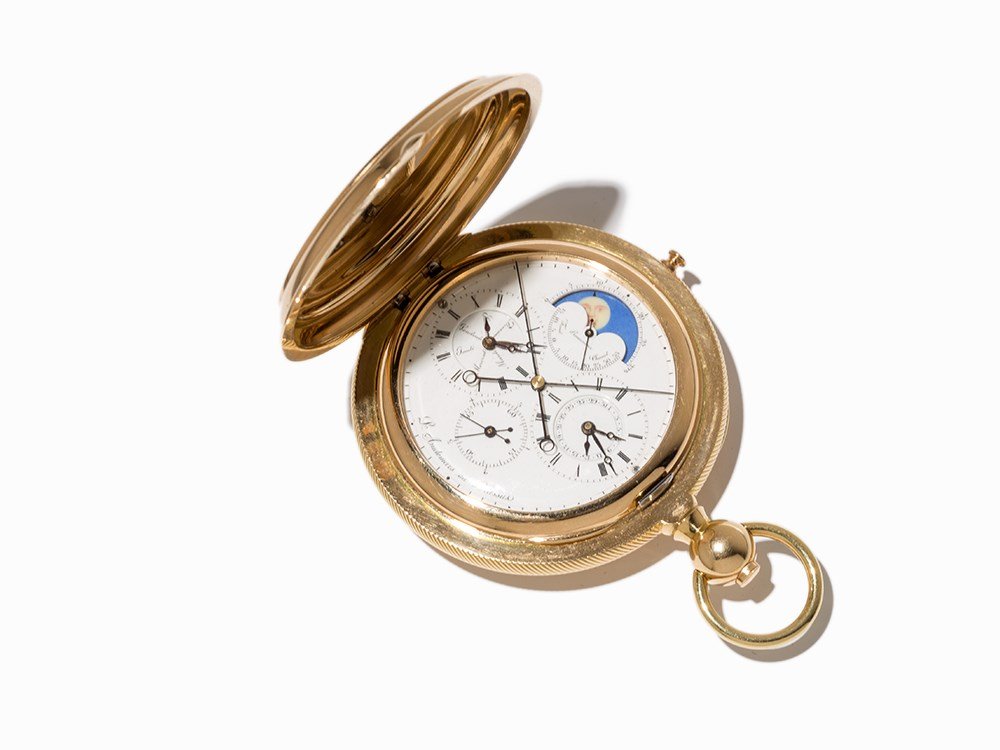Louis Audemars, Savonette, Chronograph-Rattrapante: Louis Audemars gold hunter watch No. 7.352 with two number rings for time zones. Reaumur thermometer, simple calendar, two independent jumping centre seconds (secondes mortes independantes) with stop-