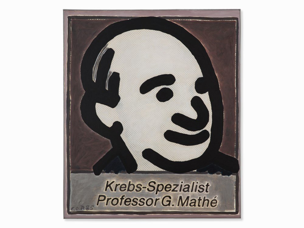 C.O. Paeffgen, Krebsspezialist Prof. G. Mathé, Acrylic,: Acrylic on photo canvas, relined Germany, 1985 Claus Otto Paeffgen (b. 1933) – German painter and object artist Signed and dated ‘C. O. P. 85’ lower left in gray paint Titled ‘Krebs-Spezialist