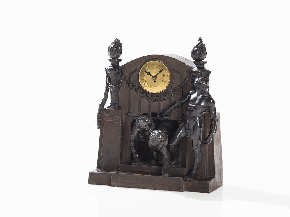 Goldscheider, Clock with Lenzkirch-Movement, Vienna,: Ceramic, dark glazed, brass, metal Austria, Vienna, early 20th century Design: Adolphe Jean Lavergne (1852-1903) – French sculptor Execution: Friedrich Goldscheider – Austrian terracotta and bronz