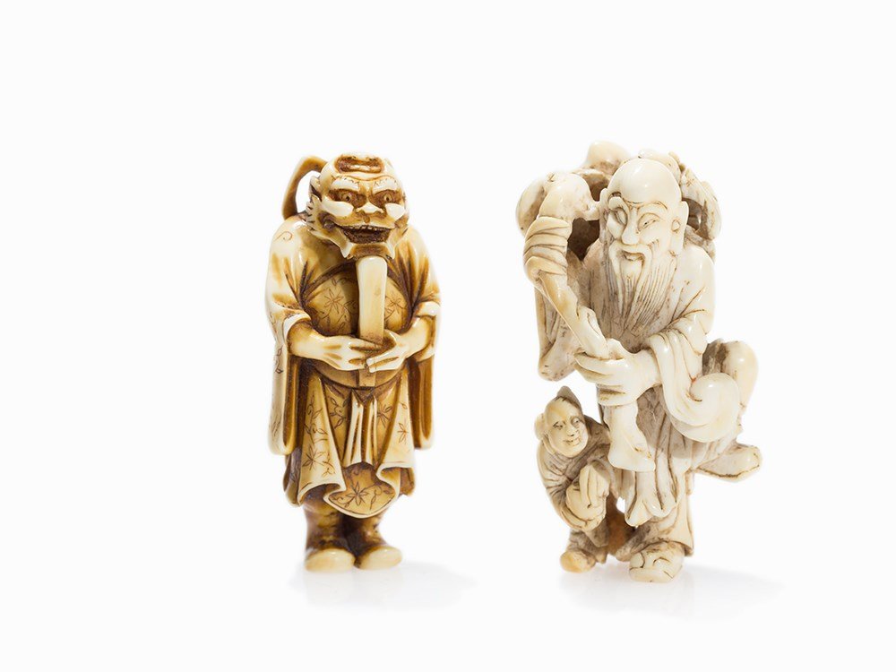 Set with 2 Ivory Netsuke of Different Figures, Meiji: Ivory Japan, Meiji period (1868-1912) Depicted are two different figures, such as an immortal with peach branch and a boy to his right side as well as oni disguised ans Kanu with the face of a lion an