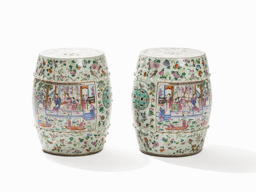 Pair Barrel Shaped Canton Famille Rose Stools, 19th C.: Porcelain with polychrome painting, highlighted with gold China, 19th century Pair of barrel shaped stools, carried by a circular base rim The wall shows a detailed painting and is accentuated by smal