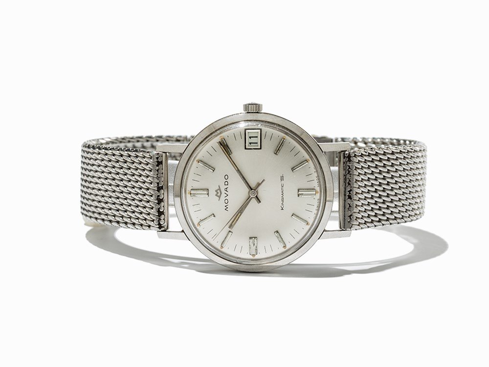 Movado Kingmatic’s Wristwatch, Switzerland, C. 1970: Movado Kingmatic’s wristwatch Switzerland, c. 1970 Automatic movement, calibre 388; 28 jewels, hour, minute, second, date Silver dial, silver luminescent hands Watch case, strap and folding clasp of