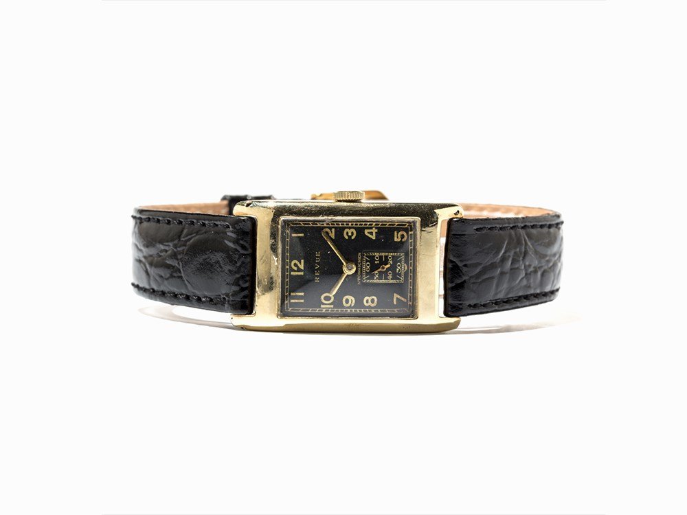 Revue Gold Vintage Wristwatch, Switzerland, C. 1930: Revue gold vintage wristwatch Switzerland, c. 1930 Manual rectangular movement, calibre 54; hour, minute, subsidiary second Black dial, gold hands Watch case of 14K gold Black calfskin leather strap w