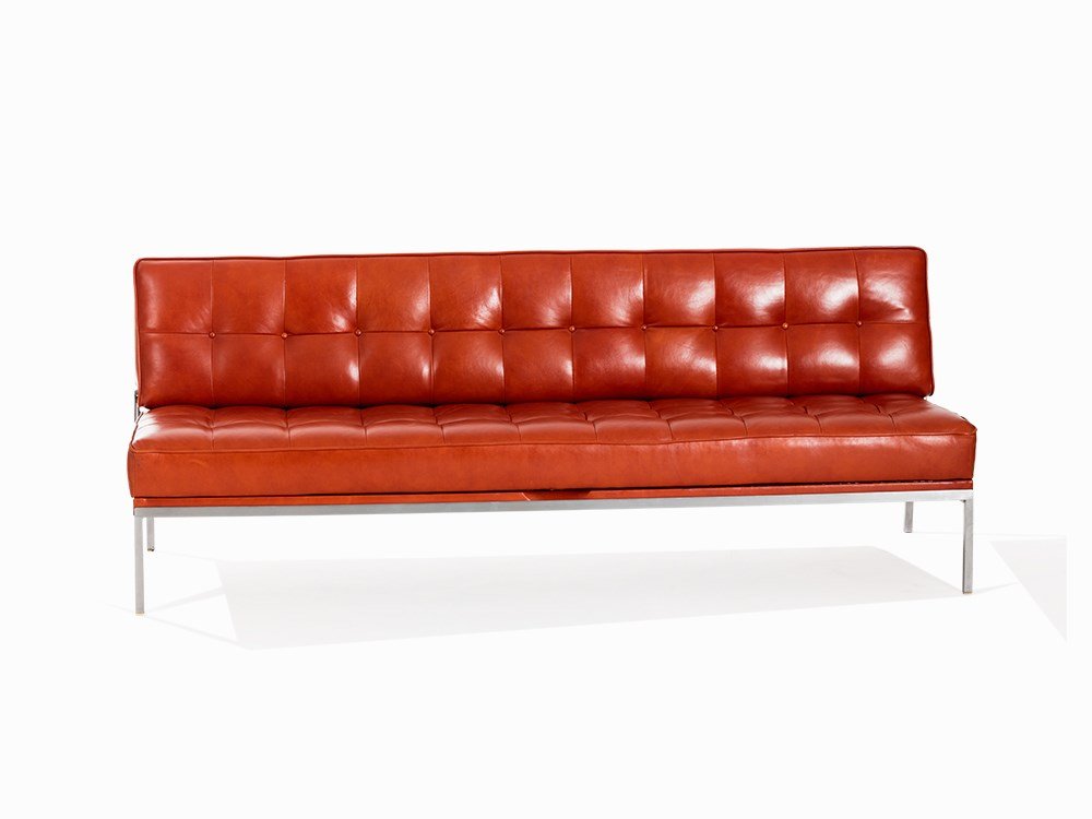 Johannes Spalt for Wittmann, Sofa ‘Constanze’, 1961: Steel frame, upholstered, red-brown leather upholstery Austria, 1961 Design: Johannes Spalt (1920-2010) - Austrian architect Execution: 1960, Wittmann Austria, Vienna 3-seater With folding mechanism a