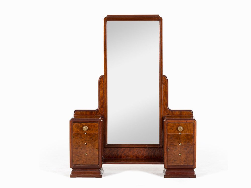 Louis Majorelle, Art Deco Vanity, France, 1920s: Mahogany, veneered, bronze, mother-of-pearl Nancy, France, 1920s Design: Louis Majorelle (1859-1926) - Major French furniture designer and decorator With inlaid signature brand 'Majorelle Nancy' Heigh
