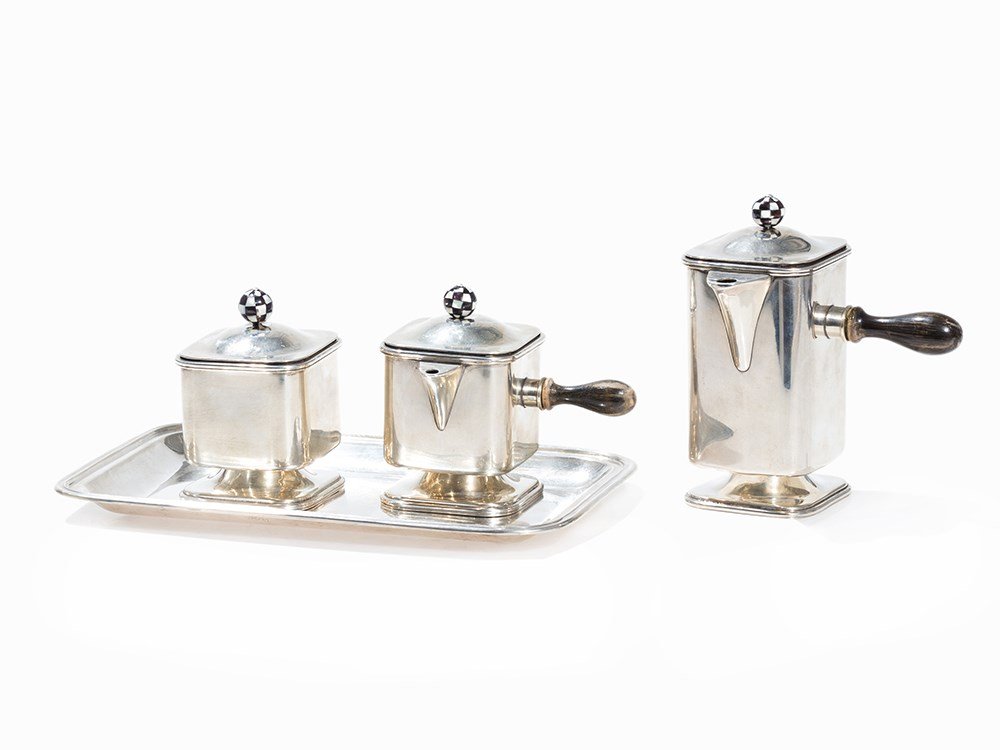Mocha Service with 4 Parts, Silver and Nacre, Italy,: 800 silver, white and black nacre; wood, dark polished Italy, after 1968; the tray presumably 1930-1940s 4 part mocha service, consisting of 1 mocha pot, 1 cream jar, 1 milk jar and a tray Each of the