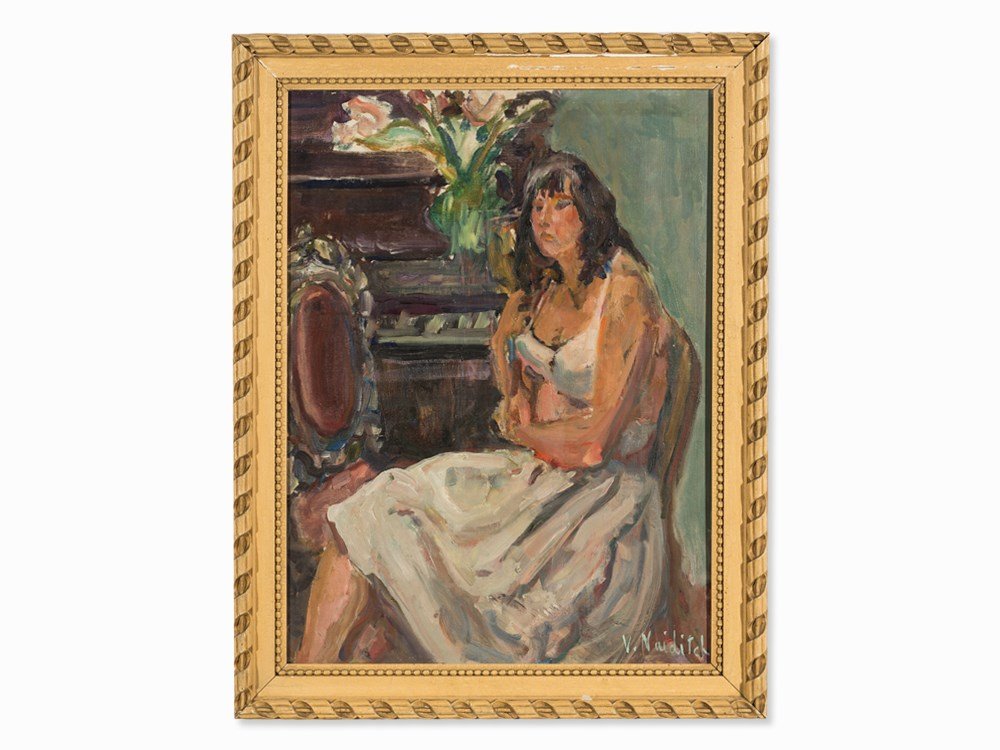 Vladimir Naiditch (1903-1980), Lisa au Piano, Oil,: Oil on canvas, laid down on cardboard France, c. 1950s Vladimir Naiditch (1903-1980) - Russian painter, active in Paris since 1920 Signed ‘V. Naiditch’ lower right Signed ‘Vladimir Naidich’ an