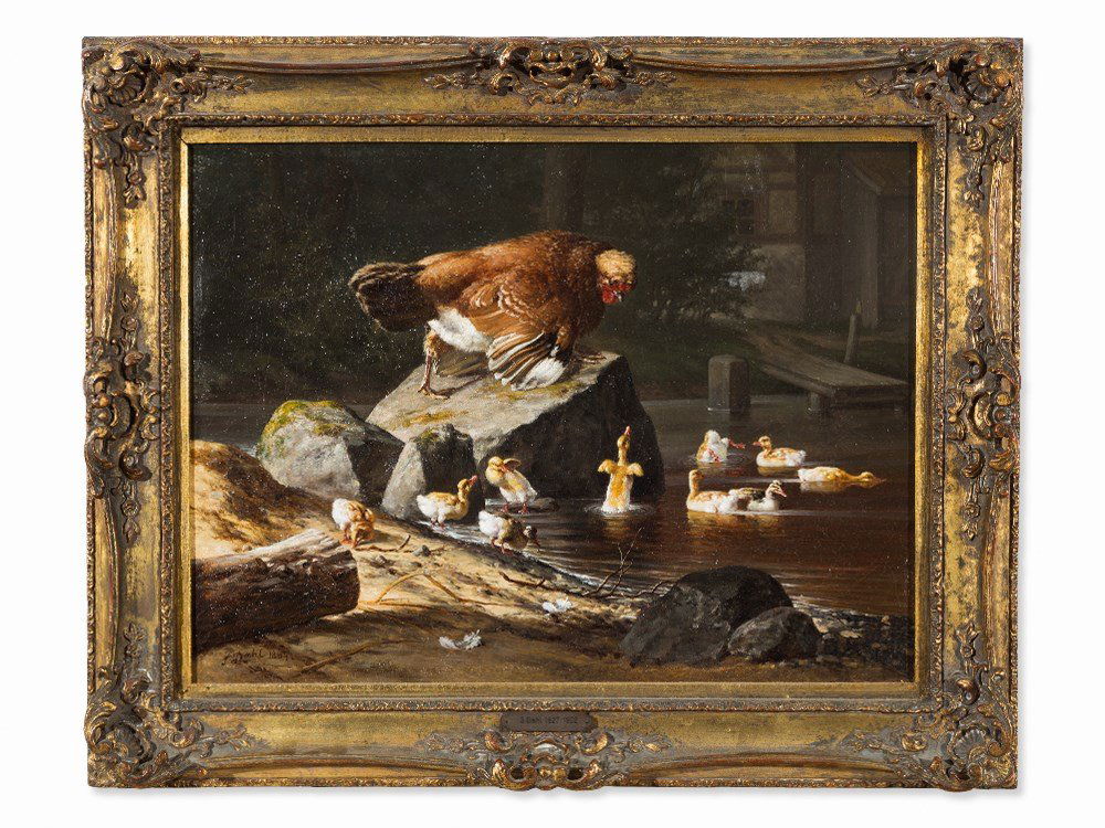 Siegwald Johannes Dahl (1827-1902), Hen with Chicks,: Oil on canvas Germany, 1864 Siegwald Johannes Dahl (1827-1902) - German animal, landscape and genre painter Signed lower right ‘S. Dahl 1864.’ Dimensions: 36 x 48.5 cm Framed: 48 x 61 cm Good cond