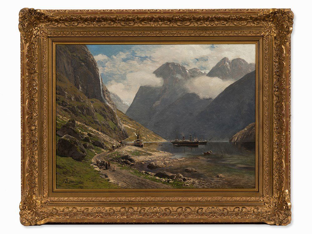 Themistokles von Eckenbrecher, Am Nryfjord bei: Oil on canvas Germany, 1881 Karl Paul Themistokles von Eckenbrecher (1842-1921) - Important landscape and marine painter of the Dsseldorf School, who was trained by Oswald Achenbach Signed and dated l