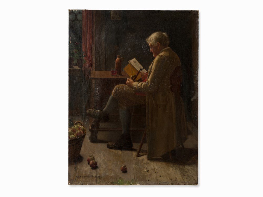 Eduard Pfyffer (1836-1899), Reading Man, Oil Painting,: Oil on canvas Switzerland, 1880s Eduard Pfyffer (1836-1899) - Swiss genre and portrait painter Signed 'Ed. Pfyffer’ lower left Two labels of Dobiaschofsky Gallery on the reverse Dimensions: 70.3 x 5