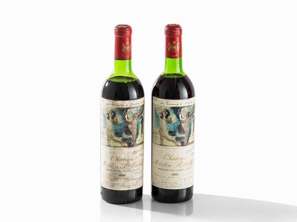 2 Bottles 1973 Château Mouton Rothschild, Pauillac: Two bottles of Château Mouton Rothschild 1973 vintage Pauillac, Bordeaux/France Label in remembrance of Pablo Picasso (1881-1973) Original filling quantity: 0.75 l Fill level: upper shoulder Estimate