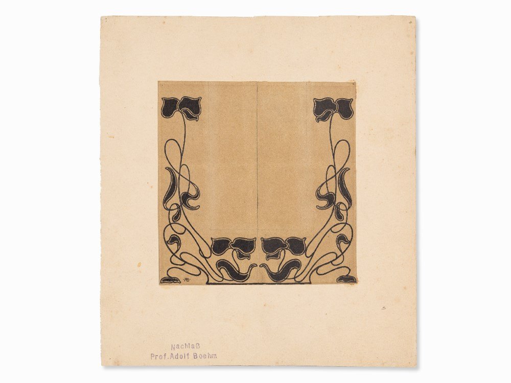 Adolf Boehm (1861-1927), Ornament Study, Ink Drawing,: Ink and pencil on paper in two parts, laid down on firm paper Austria, Vienna, presumably c. 1900 Adolf Michael Boehm (1861-1927) – Viennese painter, craftsman and draughtsman, founding member of th
