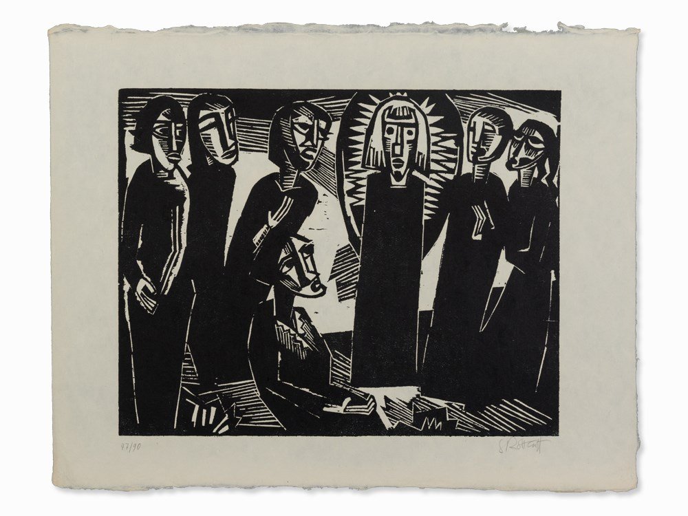 Karl Schmidt-Rottluff, Christ among the Women, 1919: Woodcut on Japon Nacré Germany, 1919 Karl Schmidt-Rottluff (1884-1976) – German painter, graphic artist, sculptor and member of the Expressionist group ‘Die Brücke’ Signed with pencil ´´SRot