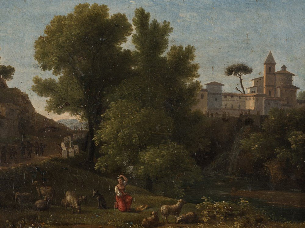 Jean-Joseph-Xavier Bidauld (1758-1846), Paysage: Oil on canvas France, 1786 Jean-Joseph-Xavier Bidauld (1758-1846) – French painter and draftsman Signed lower left center ‘Bidauld’ Verso paper label with handwritten inscriptions Dimensions: 12