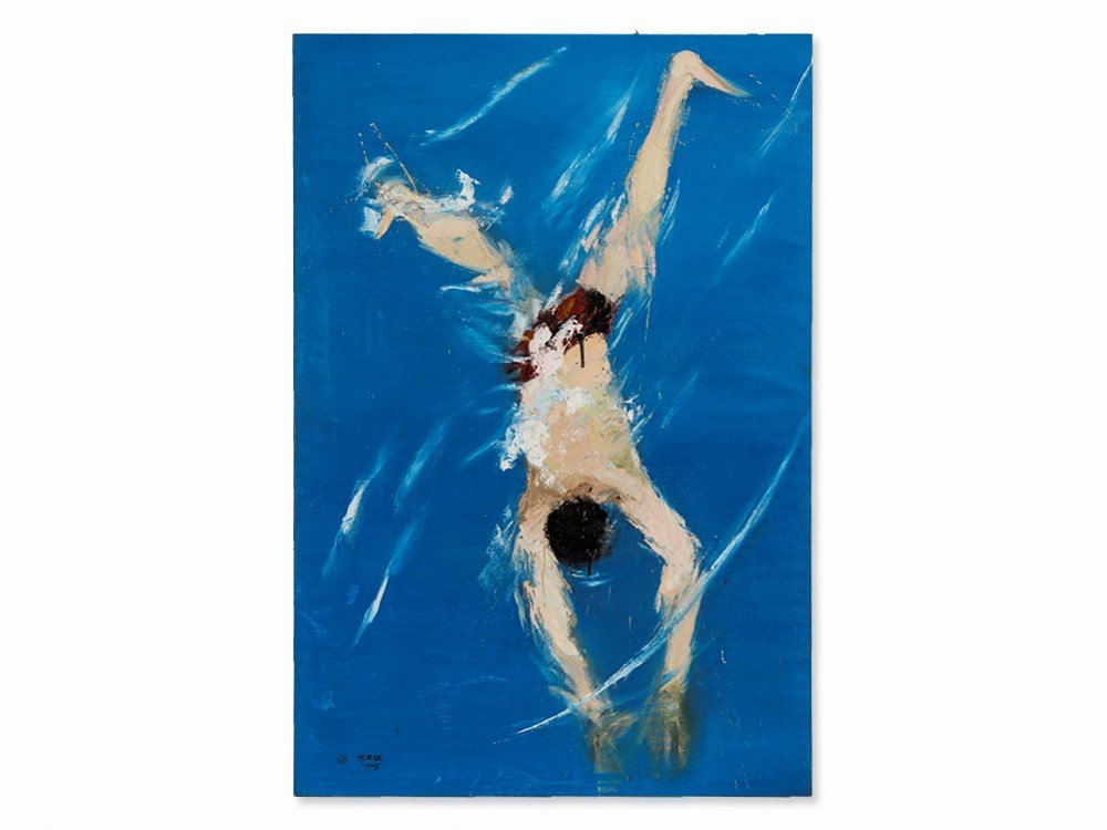 He Wenjue (b. 1970), Water Series, Oil, China, 2005: Oil on canvas China, 2005 He Wenjue (b. 1970) – Chinese painter, living and working in Beijing Signed in Chinese, dated ‘2005’ and with red artist’s signet lower left Verso also signed in Chin