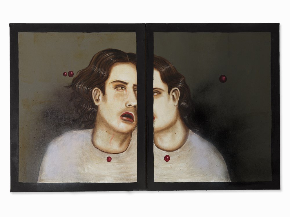 Julio Galán (1959-2006), Fascination, Diptych, Oil,: Oil on canvas Julio Galán (1959-2006) - Mexican painter Gallery label with information on the work on the reverse Overall dimensions: 50.5 x 161 cm Good condition A neo-Expressionist self-portrait of