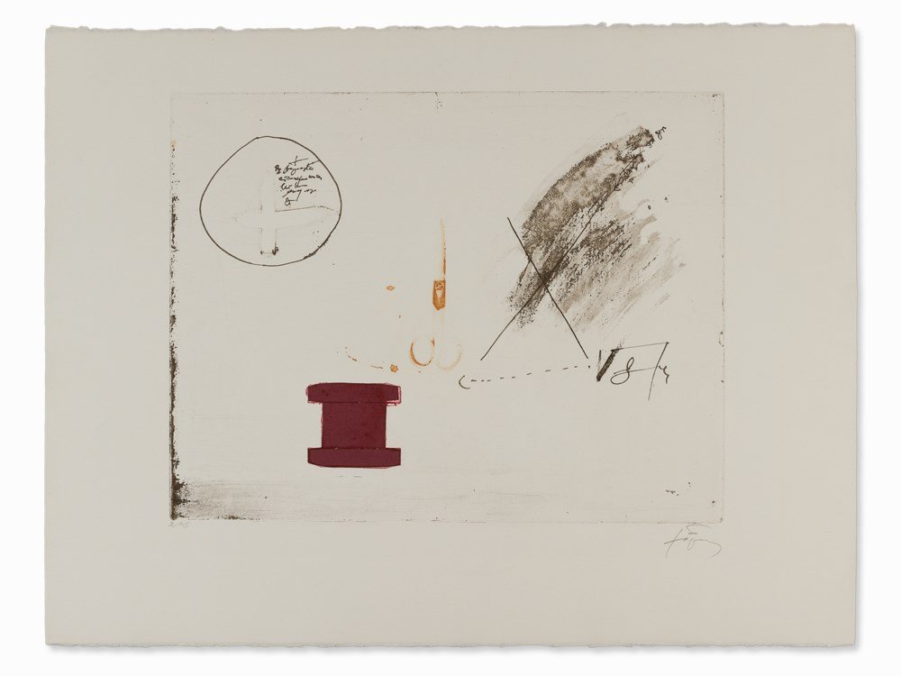 Antoni Tapies, Untitled, Etching, 1985: Etching in colors with collage on wove paper Sapin, 1985 Antoni Tàpies i Puig (1923-2012) – Spanish painter, graphic artist and sculptor Signed in pencil lower right ‚Tapies‘ and numbered ‚2/