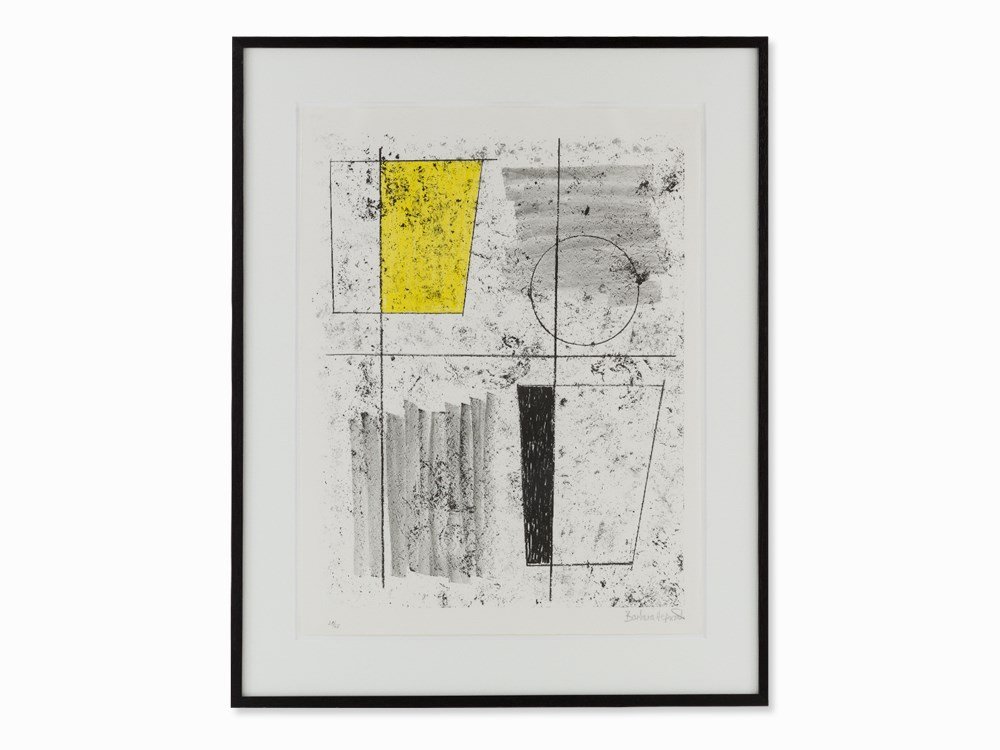 Barbara Hepworth, Composition, Color Lithograph, 1968: Lithograph in colors on wave paper ?BFK Rives‘ (watermark) Deutschland, 1968 Barbara Hepworth (1903-1975) – British sculptor Signed ‘Barabra Hepworth’ and numbered ‘28/65’ in pencil Editio