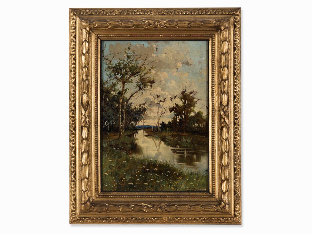 Luigi Chialiva (1842-1914), River Landscape, Oil, Late: Oil on cardboard Presumably France, late 19th century Luigi Chialiva (1842-1914) - Italo-Swiss painter Signed ‘L. Chialiva’ lower right Label of the Galleria d’Arte Pirra, Torino, on the reverse