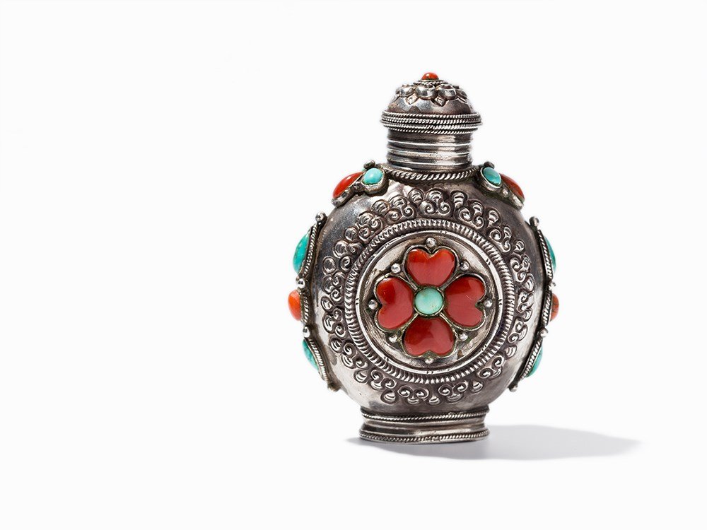Silver Snuff Bottle with Coral and Turquoise, 19th C. (1 of 6)