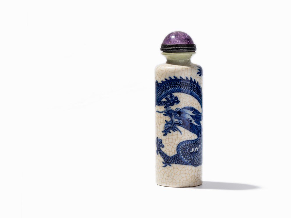 Porcelain Snuff Bottle with Dragon and Magical Pearl, (1 of 7)